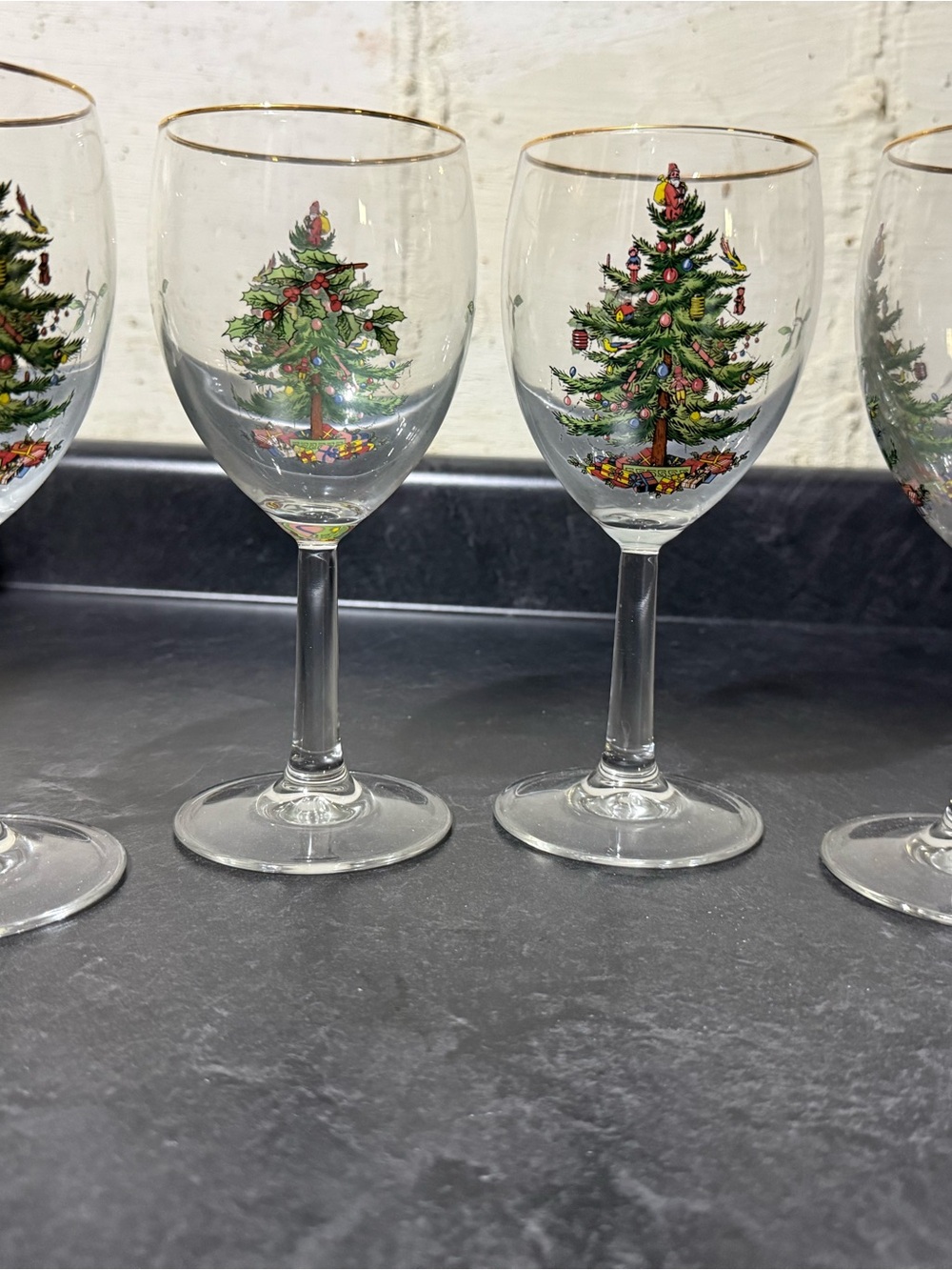 Spode Christmas Tree Stemmed Wine Glasses 13 ozs w/ Original Box - Set of 4 Vtg